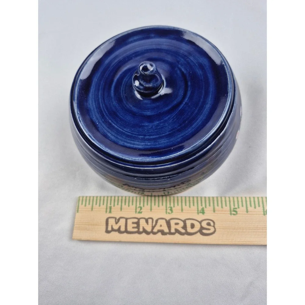 Signed Studio Art Pottery Covered Candy Dish Bathroom Vanity Jar Blue with Lid